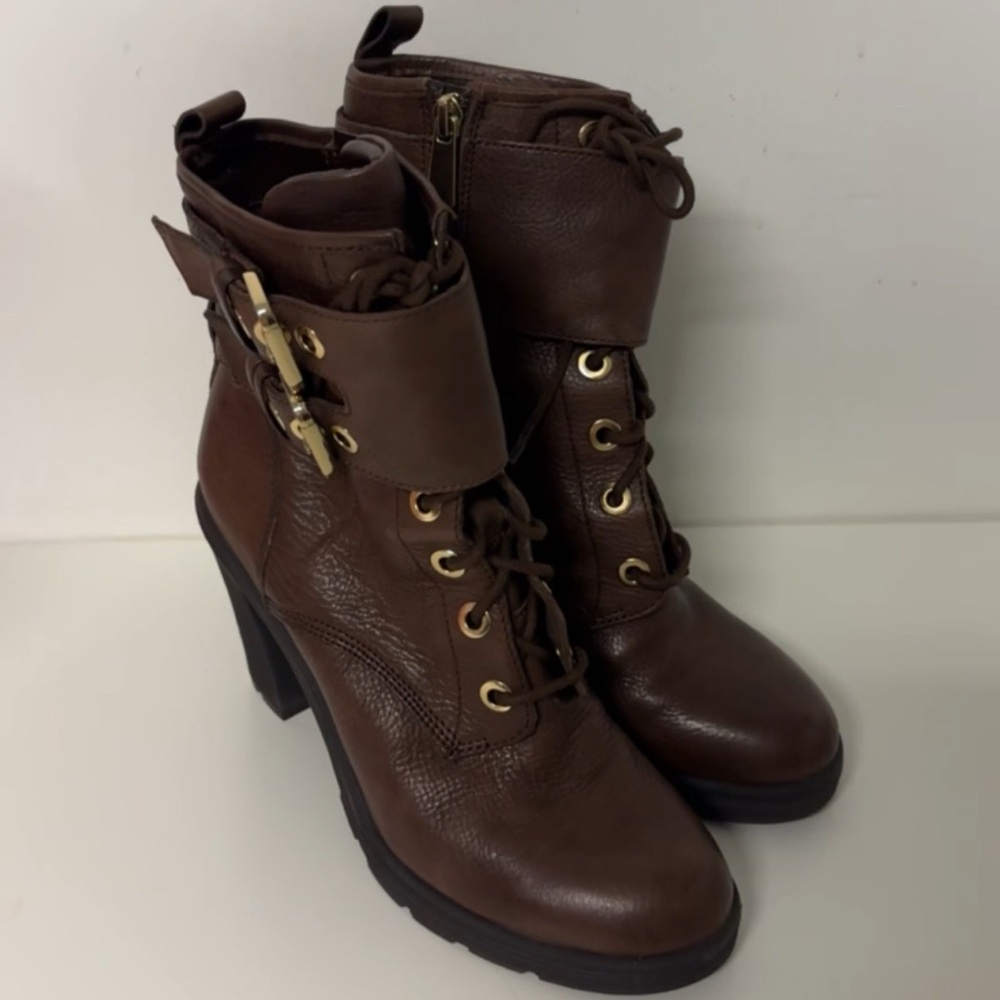 GUESS Finlay Lace-Up Mid-Calf Booties – Brown Leather, Gold Buckle Detail
